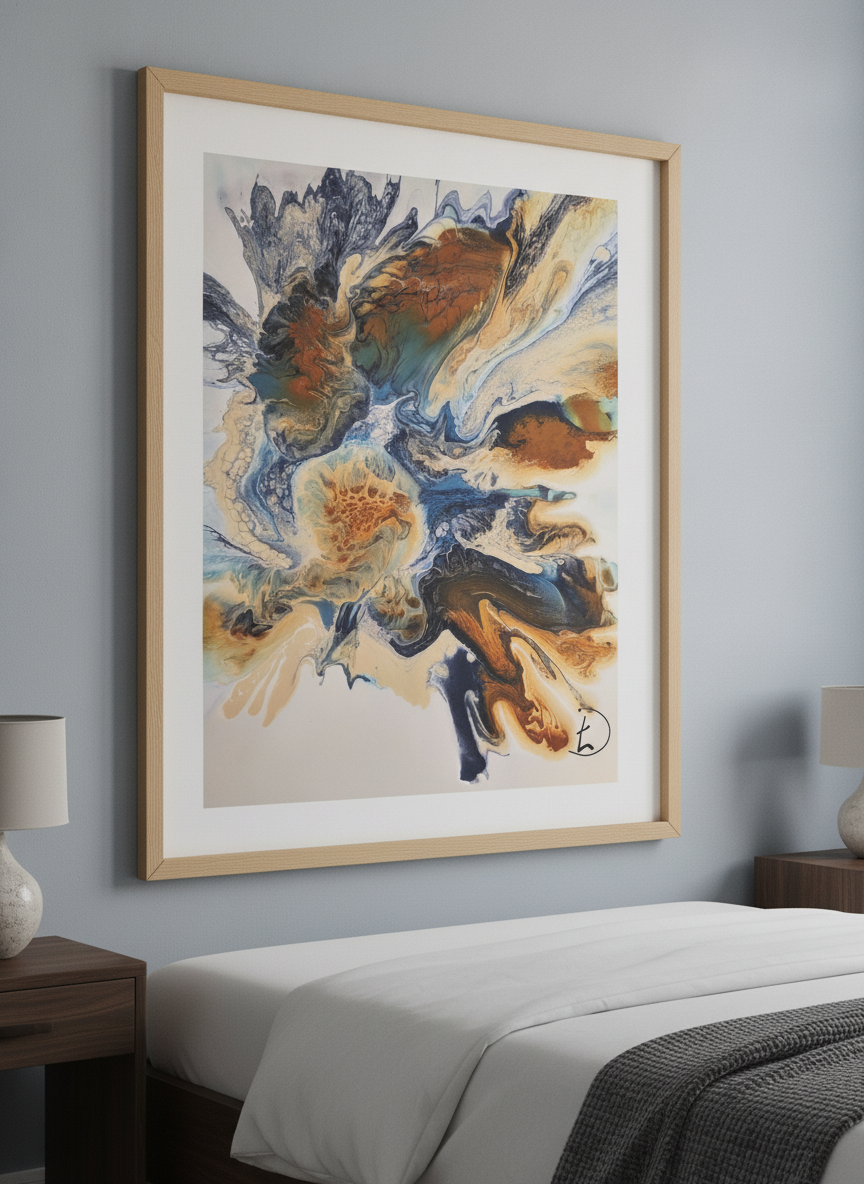 Minimalist artwork displayed in a calm, light-filled bedroom interior