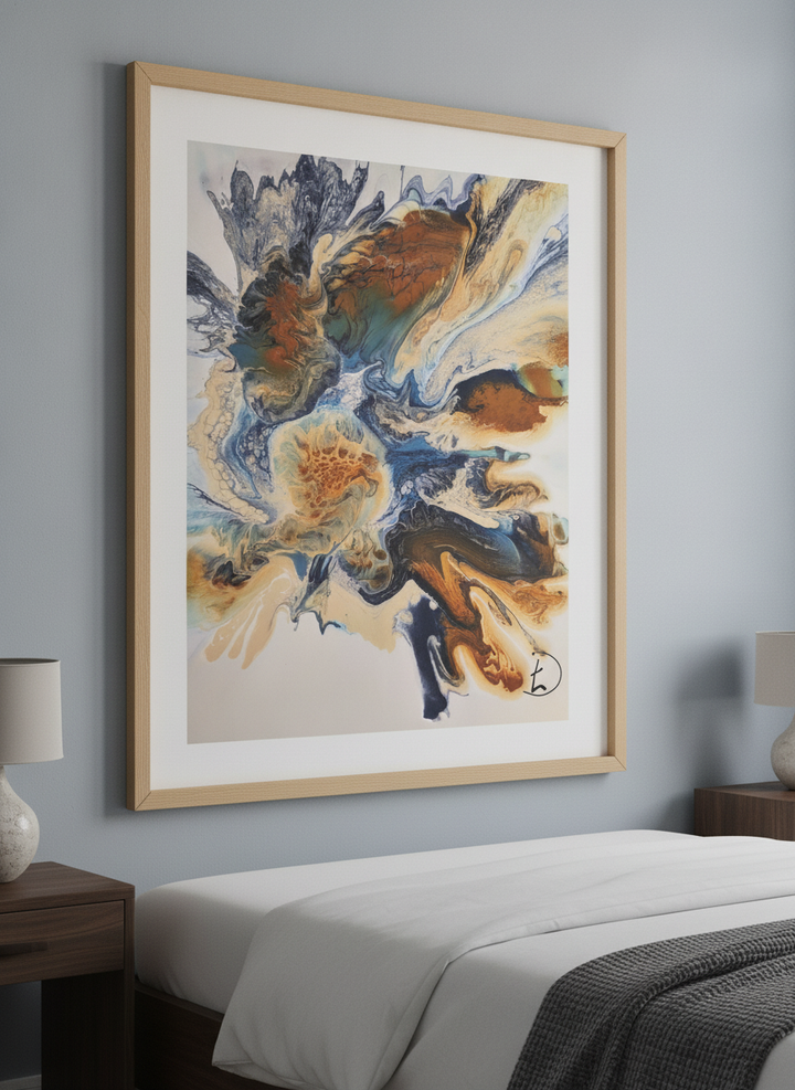 Minimalist artwork displayed in a calm, light-filled bedroom interior