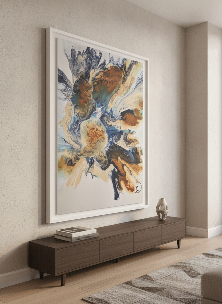 Monumental artwork centred on a feature wall in a luxe interior