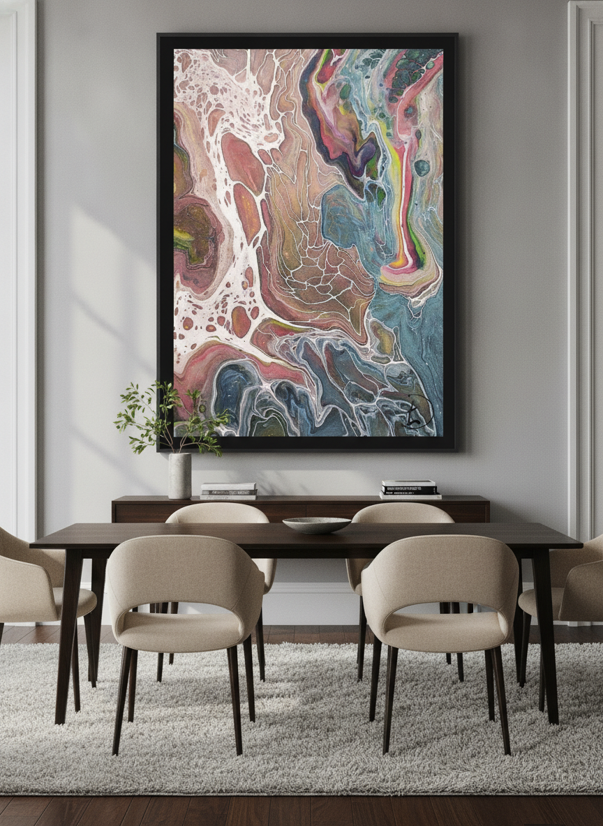 Monumental artwork centred on a feature wall in a luxe interior