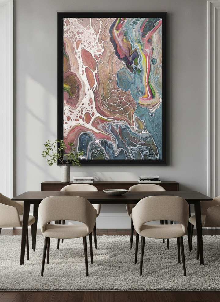 Monumental artwork centred on a feature wall in a luxe interior