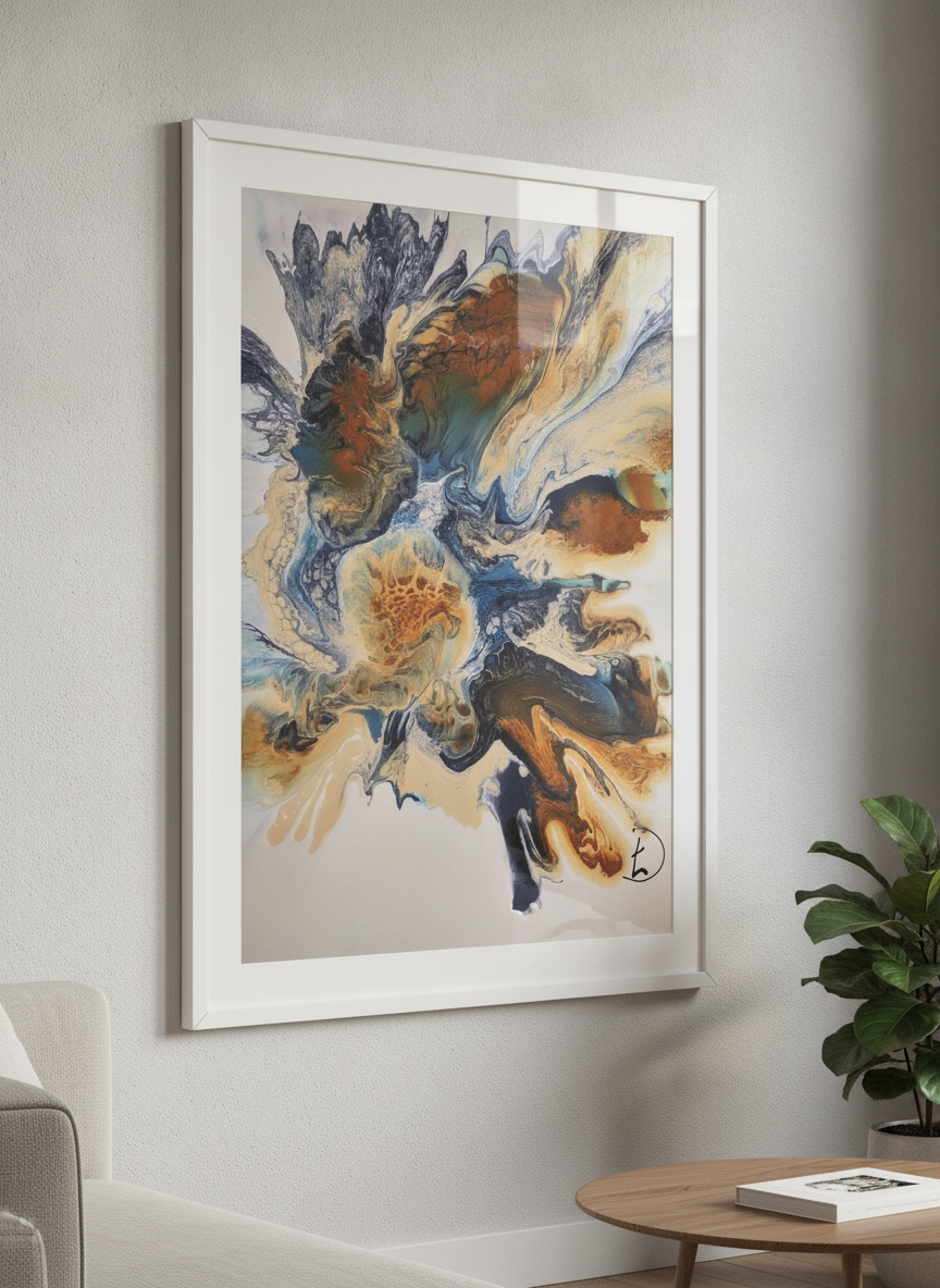 Modern wall art styled above a sofa in a neutral living room