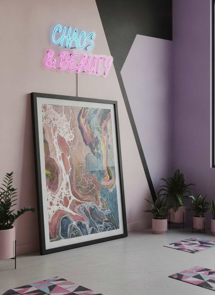 Bold wall art styled in a colourful, eclectic modern home