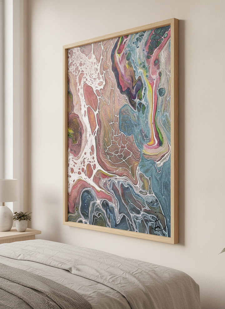 Minimalist artwork displayed in a calm, light-filled bedroom interior
