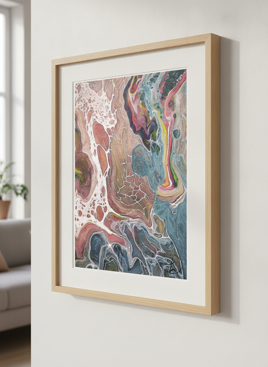 Modern wall art styled above a sofa in a neutral living room