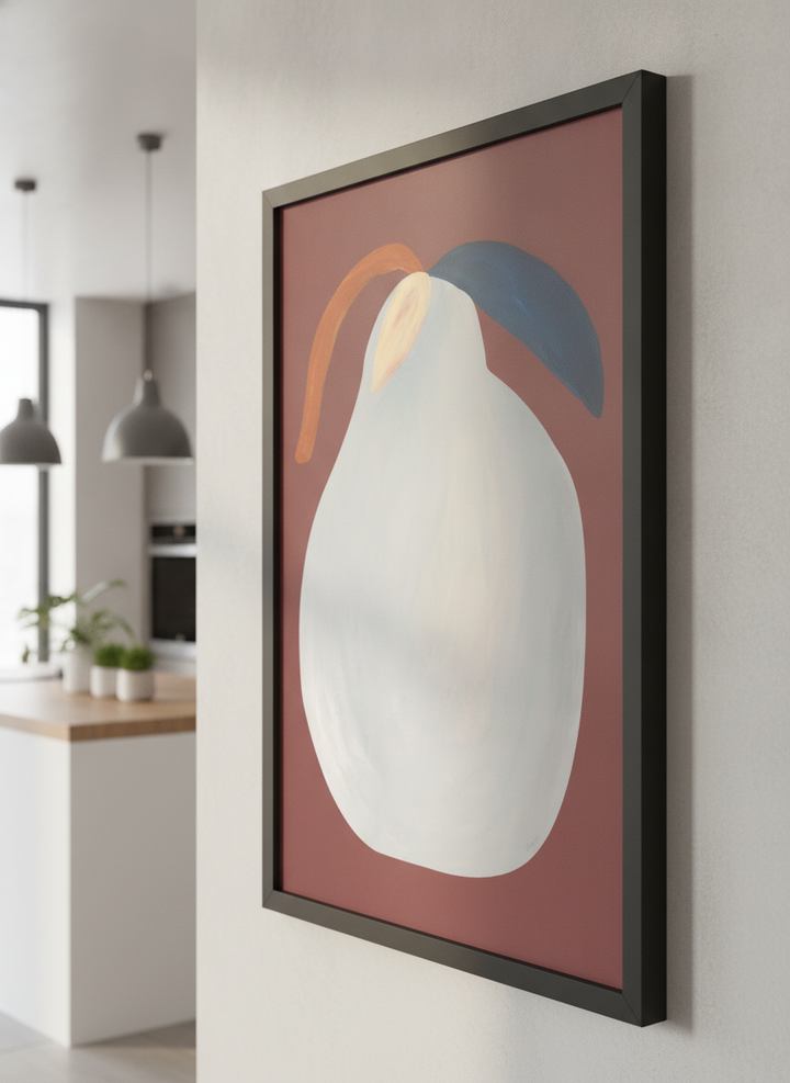 Artwork styled on the wall of a bright modern kitchen
