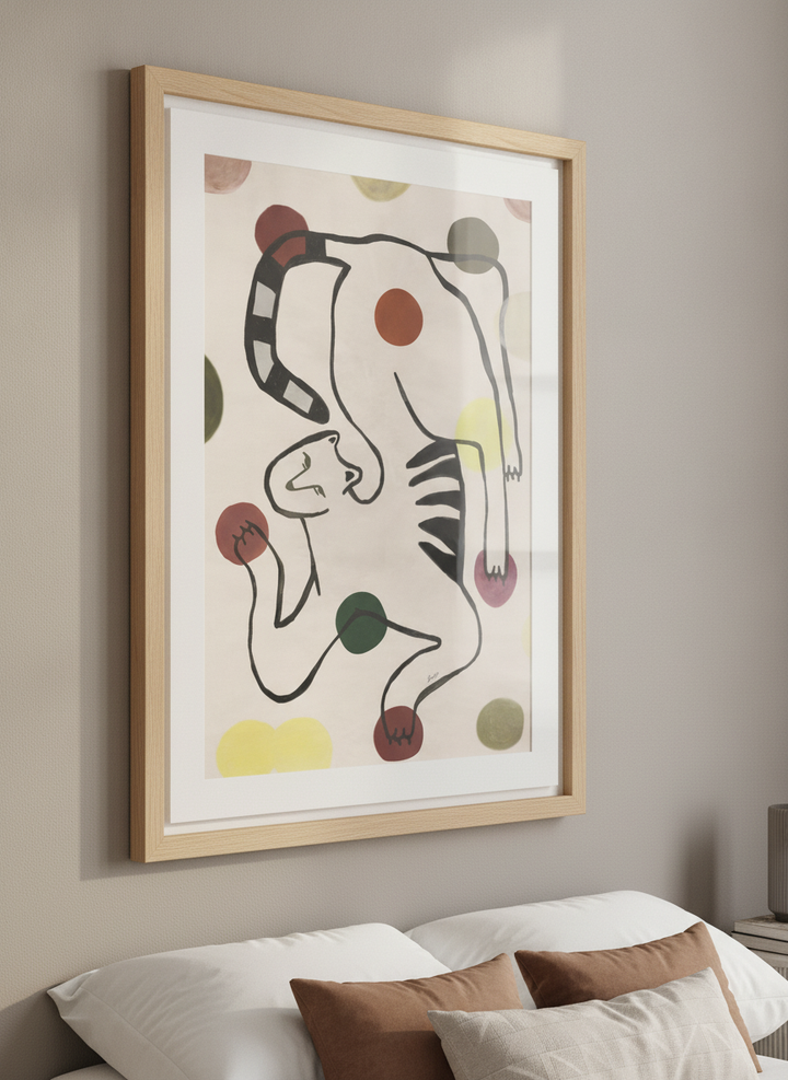 Minimalist artwork displayed in a calm, light-filled bedroom interior