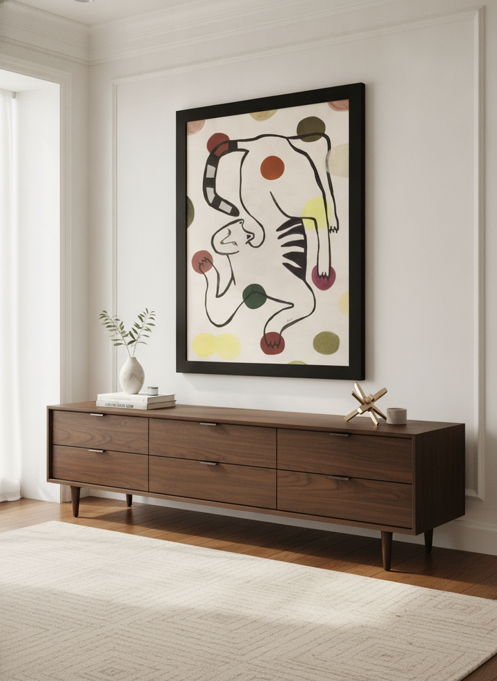 Monumental artwork centred on a feature wall in a luxe interior