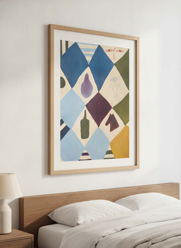 Minimalist artwork displayed in a calm, light-filled bedroom interior
