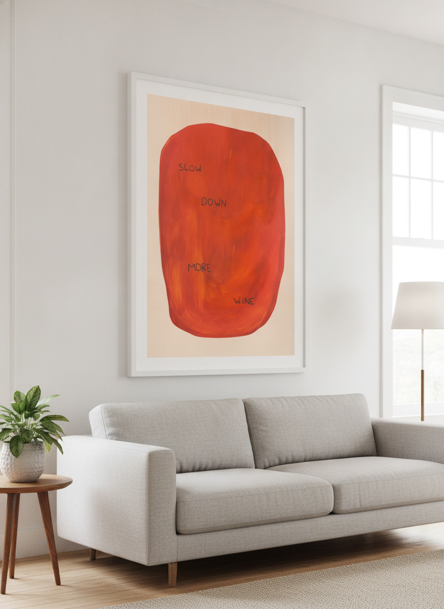 Modern wall art styled above a sofa in a neutral living room