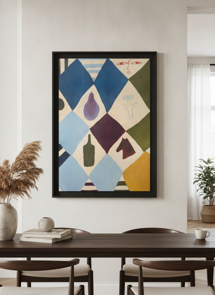 Wall art styled above a dining table in a contemporary home