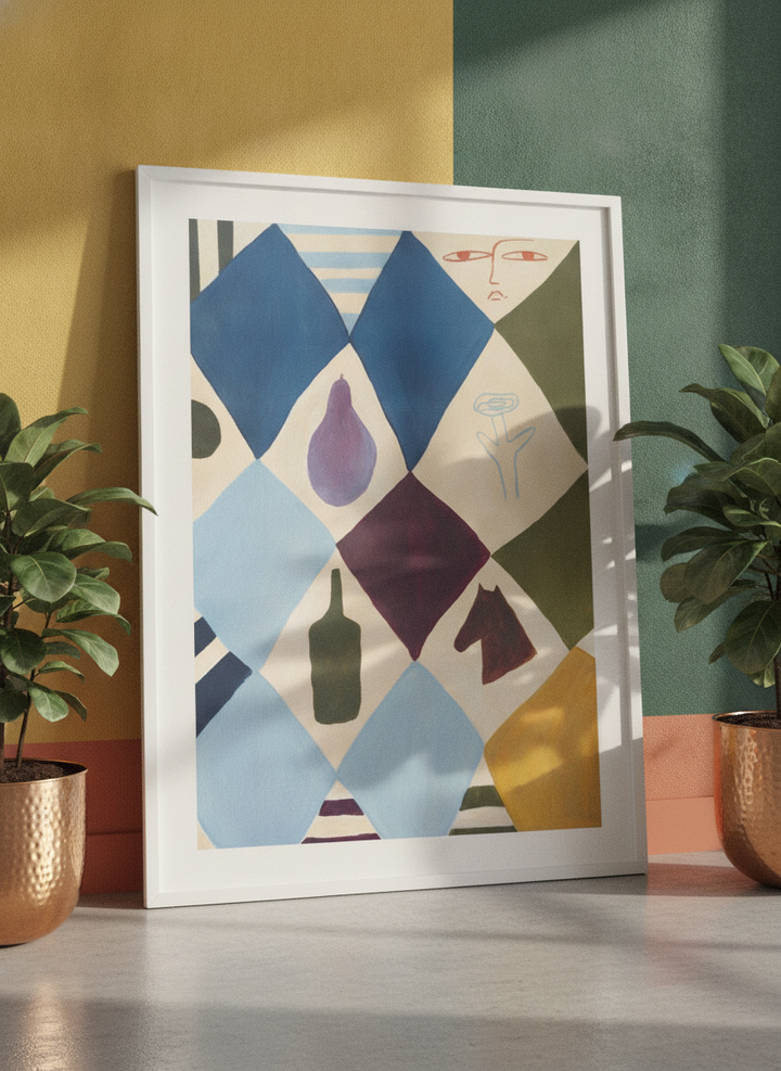 Bold wall art styled in a colourful, eclectic modern home
