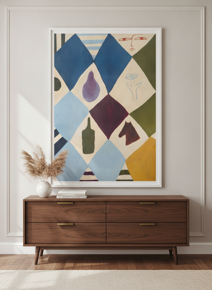 Monumental artwork centred on a feature wall in a luxe interior