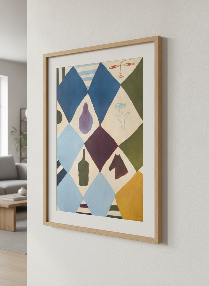 Modern wall art styled above a sofa in a neutral living room