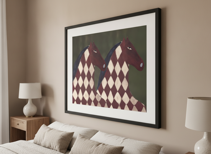 Minimalist artwork displayed in a calm, light-filled bedroom interior