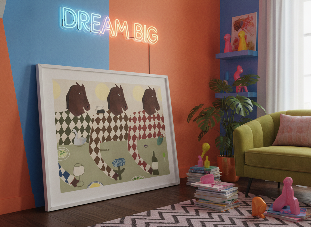 Bold wall art styled in a colourful, eclectic modern home