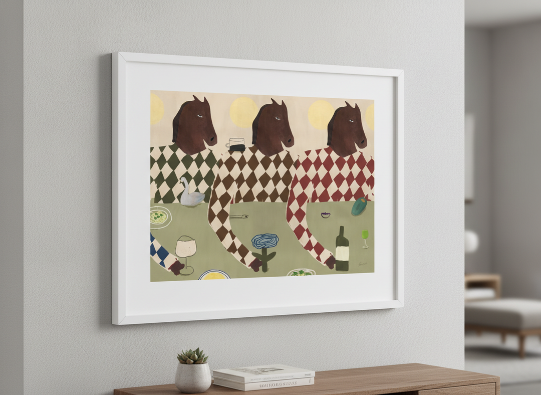 Modern wall art styled above a sofa in a neutral living room