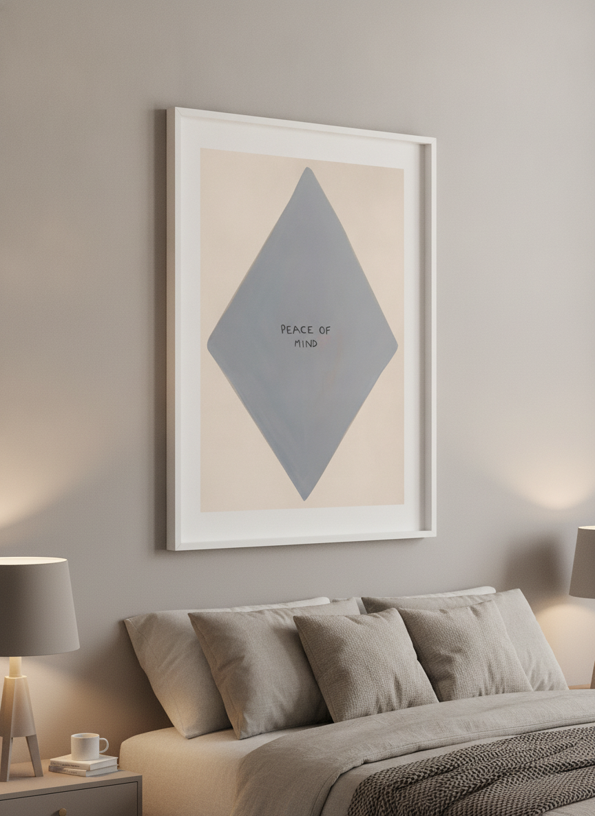 Minimalist artwork displayed in a calm, light-filled bedroom interior
