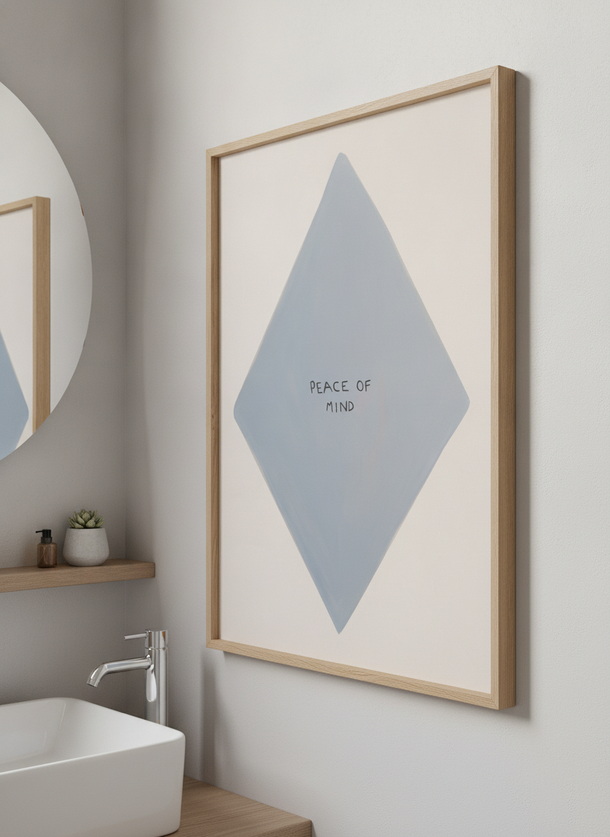 Modern print displayed in a clean minimalist bathroom setting