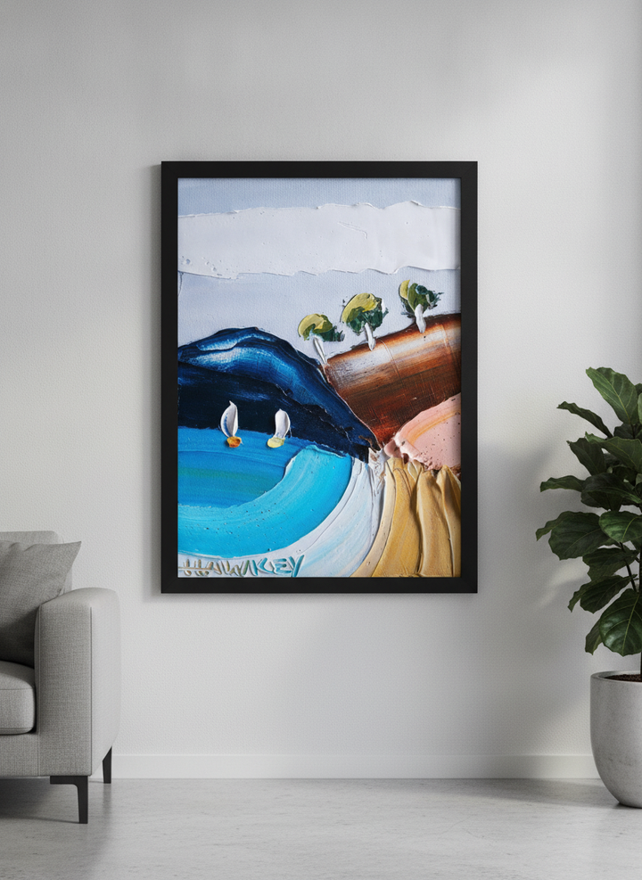 Modern wall art styled above a sofa in a neutral living room
