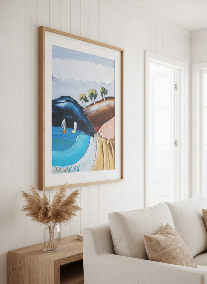 Neutral wall art displayed in a sunny coastal beach house