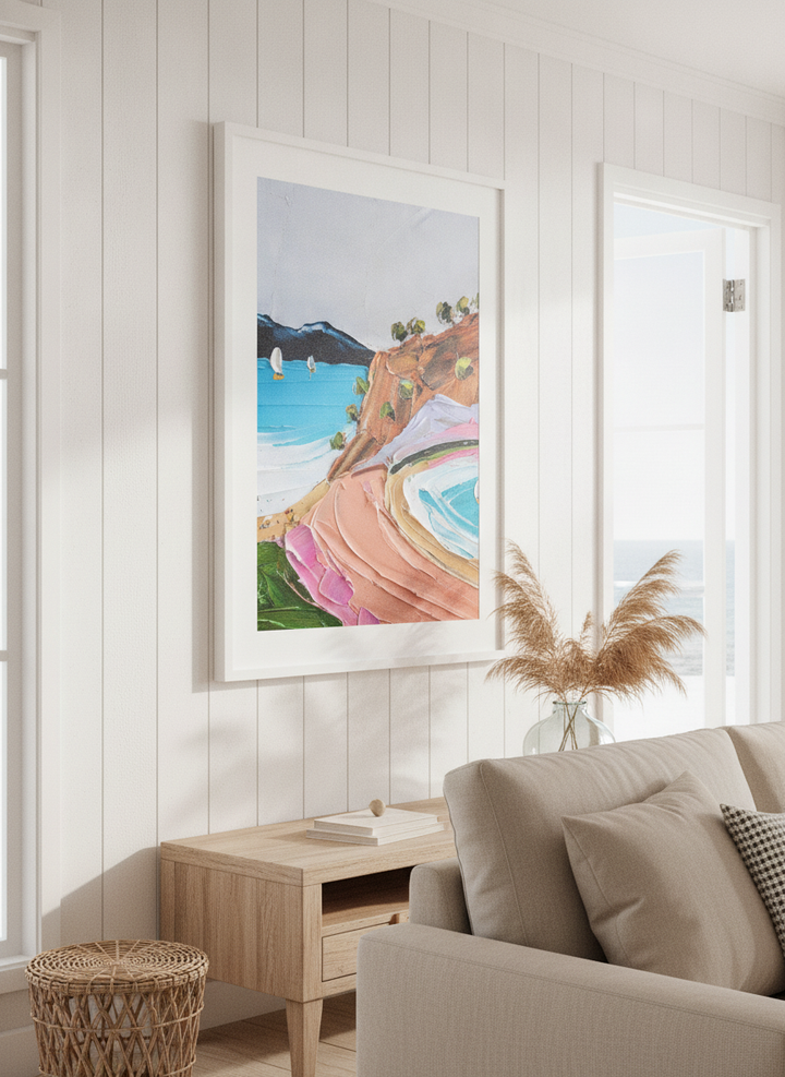 Neutral wall art displayed in a sunny coastal beach house