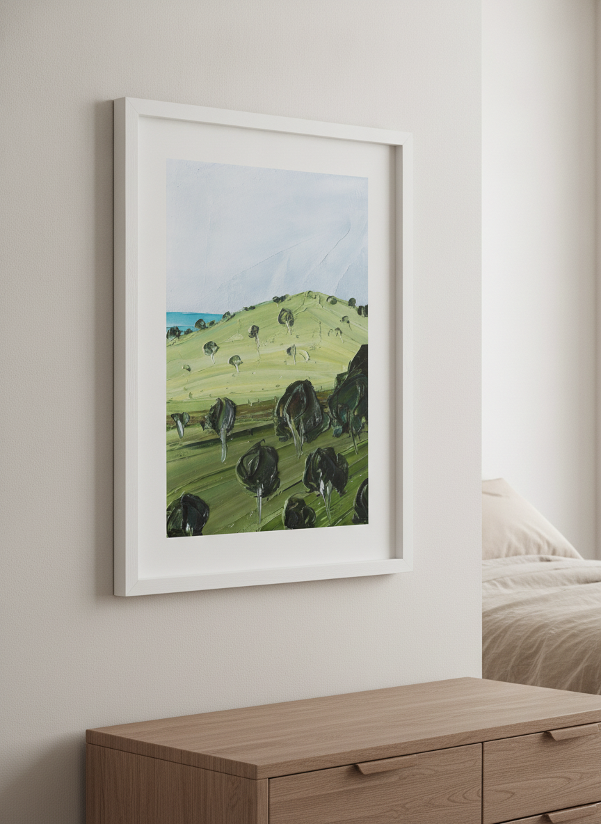 Minimalist artwork displayed in a calm, light-filled bedroom interior