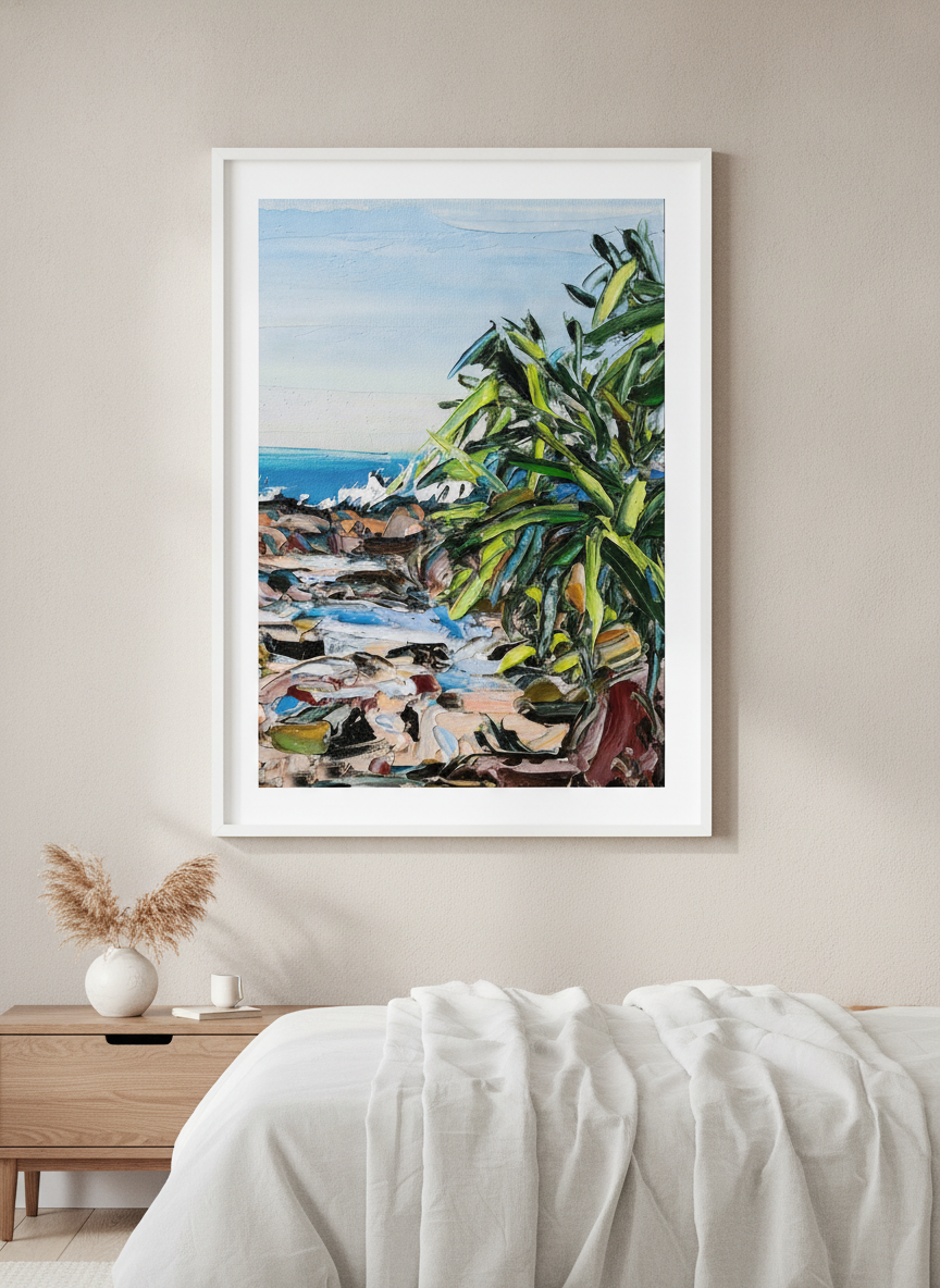 Minimalist artwork displayed in a calm, light-filled bedroom interior