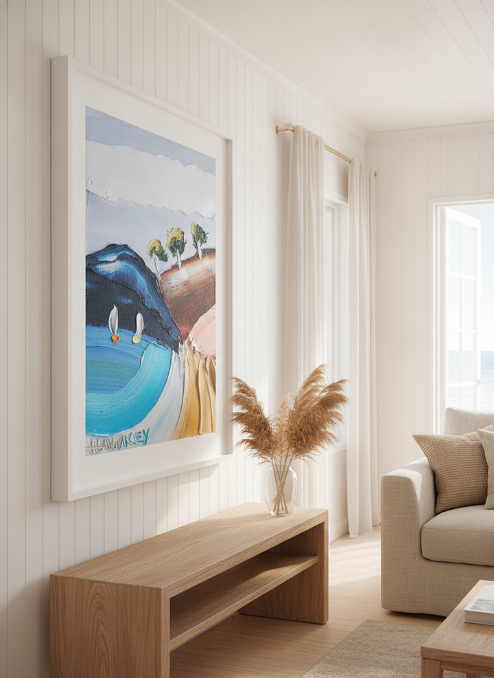 Neutral wall art displayed in a sunny coastal beach house