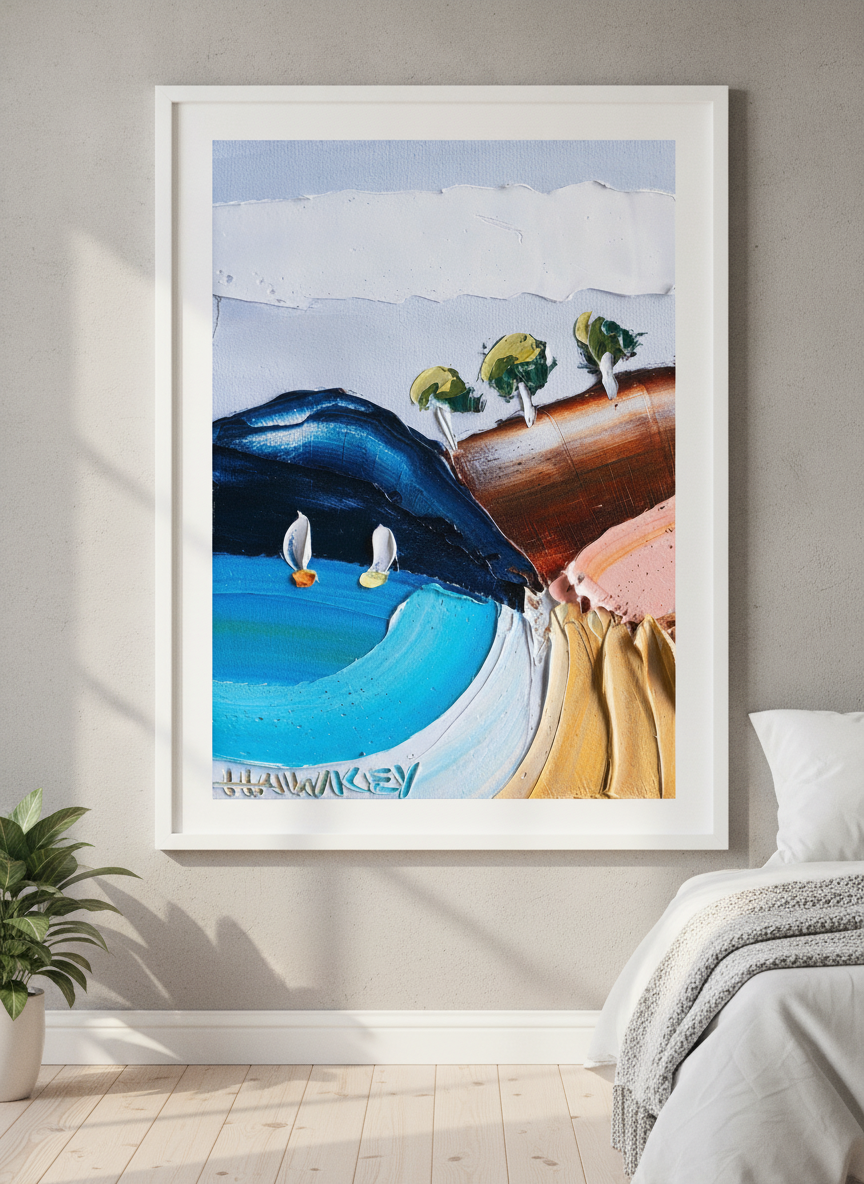 Minimalist artwork displayed in a calm, light-filled bedroom interior