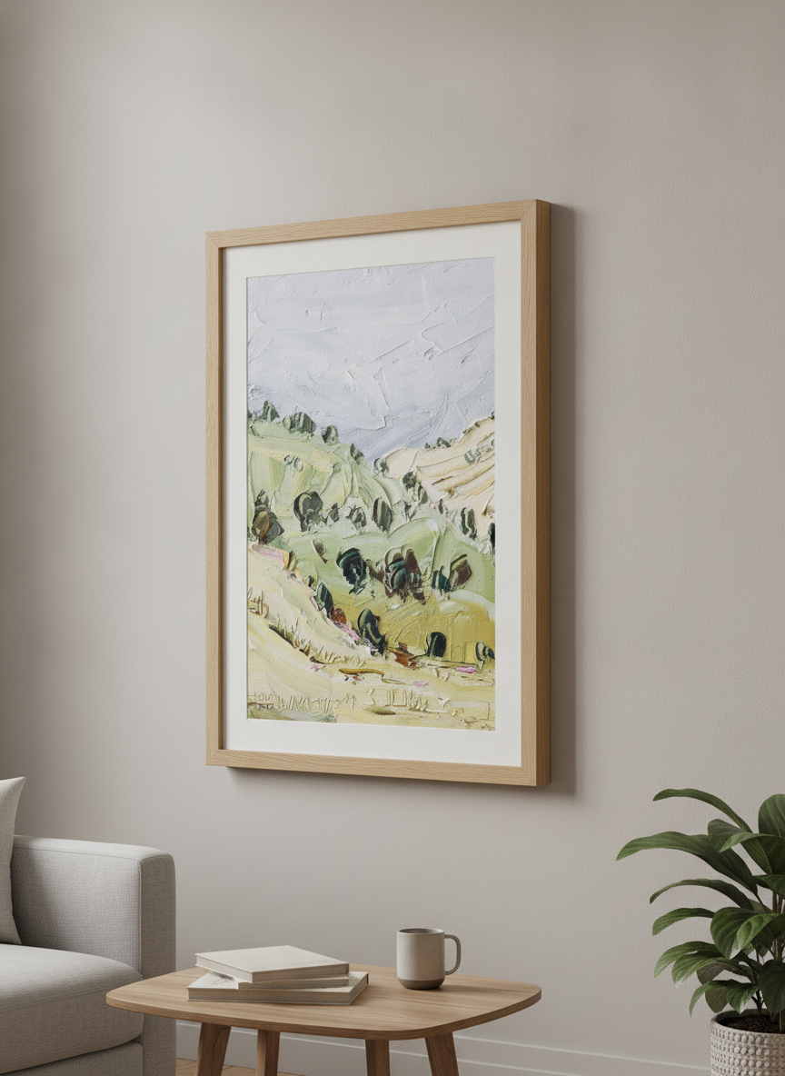 Modern wall art styled above a sofa in a neutral living room
