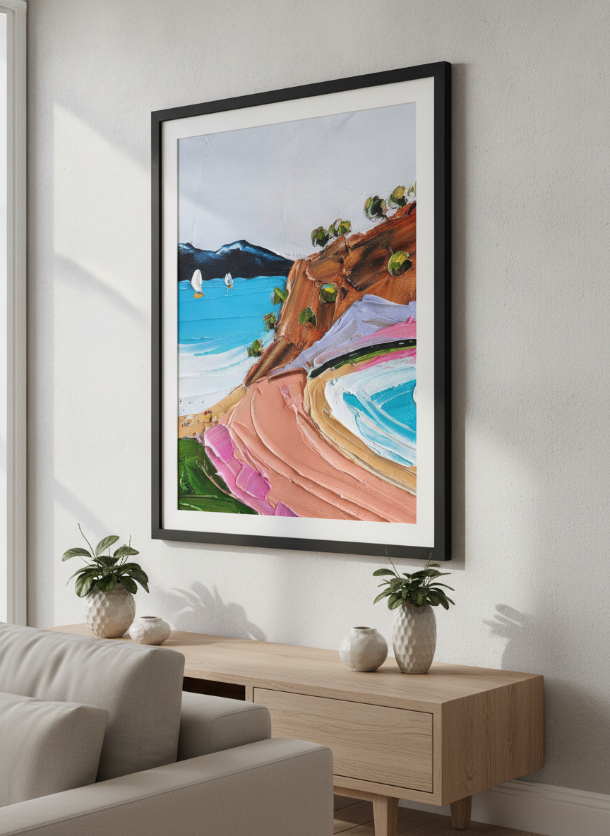 Modern wall art styled above a sofa in a neutral living room