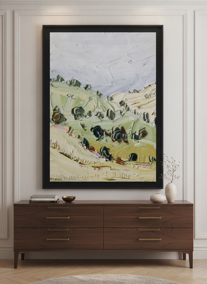 Monumental artwork centred on a feature wall in a luxe interior