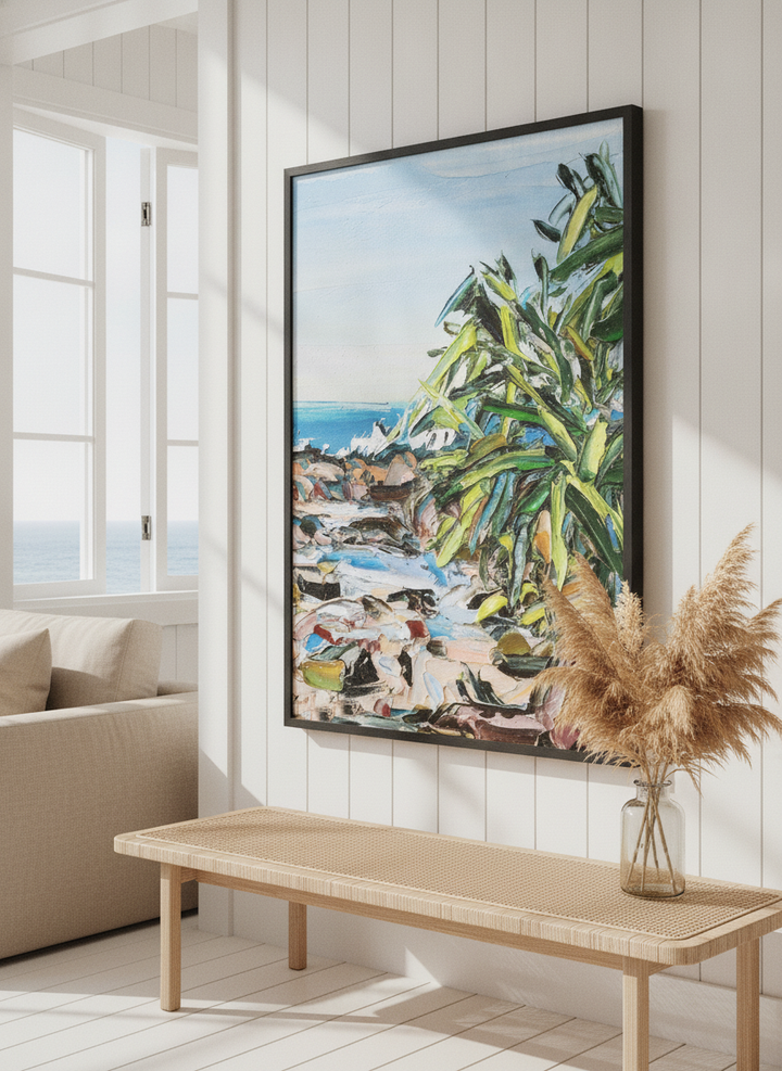 Neutral wall art displayed in a sunny coastal beach house