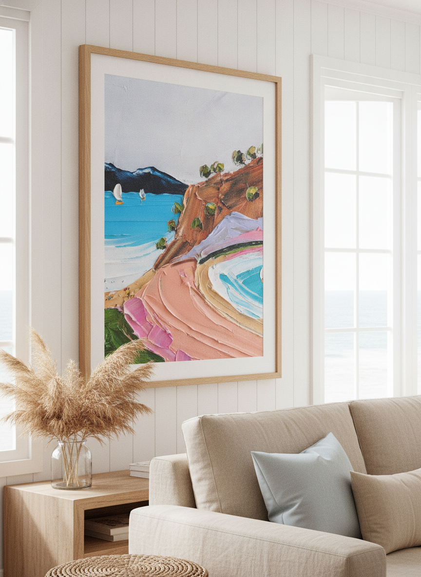 Neutral wall art displayed in a sunny coastal beach house