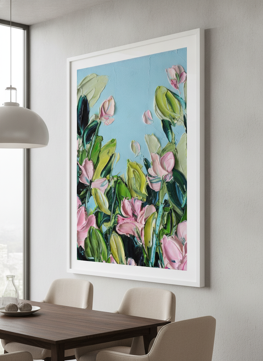 Wall art styled above a dining table in a contemporary home