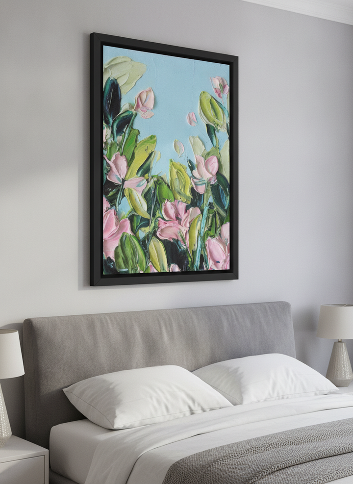 Minimalist artwork displayed in a calm, light-filled bedroom interior