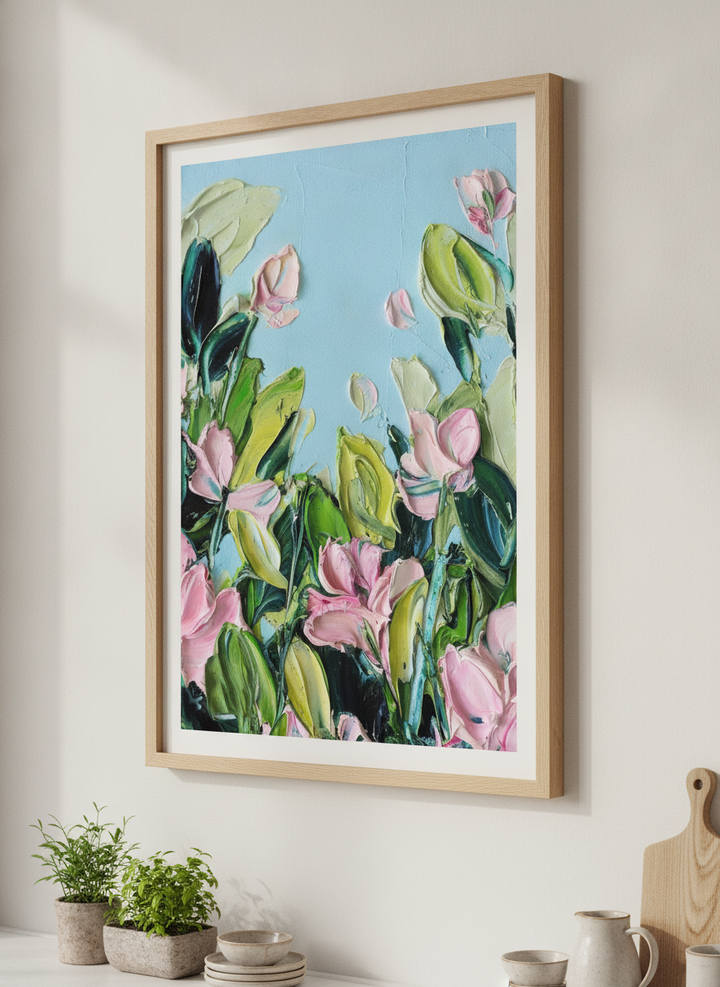 Artwork styled on the wall of a bright modern kitchen