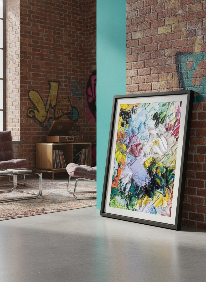 Bold wall art styled in a colourful, eclectic modern home
