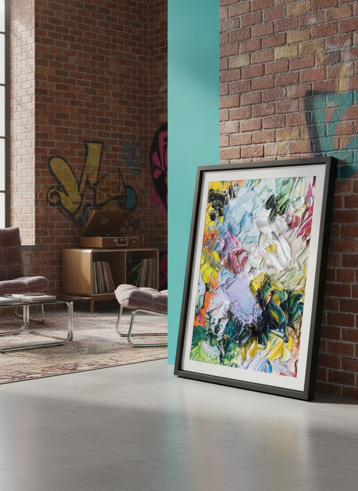 Bold wall art styled in a colourful, eclectic modern home