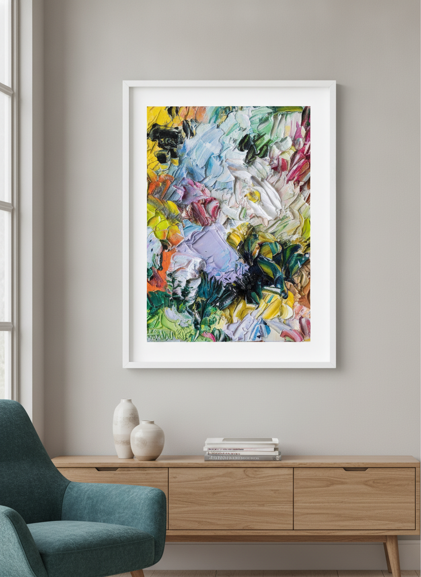 Modern wall art styled above a sofa in a neutral living room