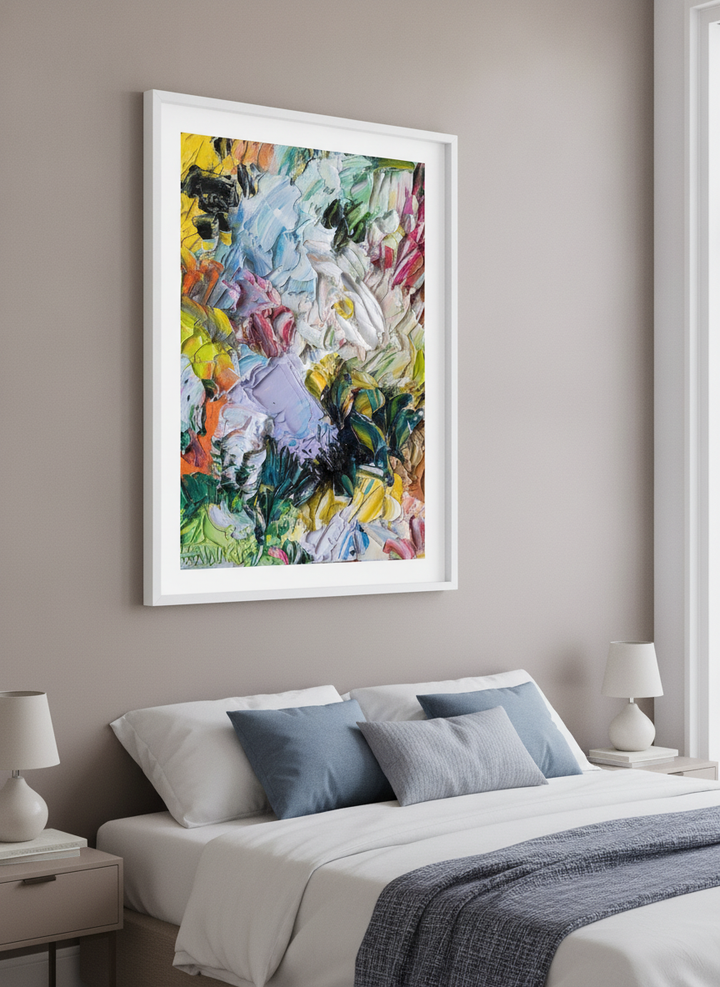 Minimalist artwork displayed in a calm, light-filled bedroom interior