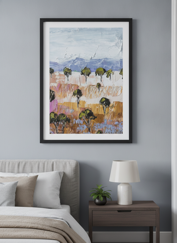 Minimalist artwork displayed in a calm, light-filled bedroom interior