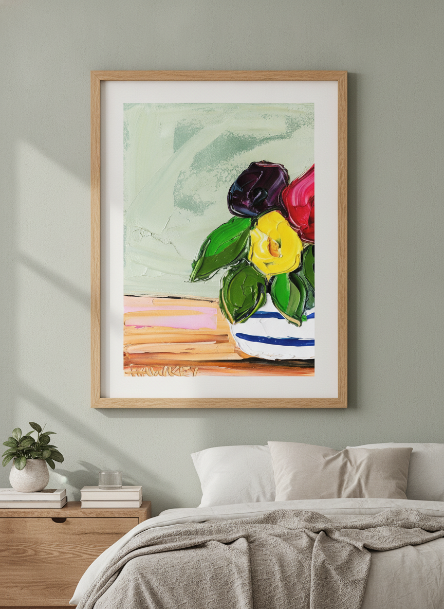 Minimalist artwork displayed in a calm, light-filled bedroom interior