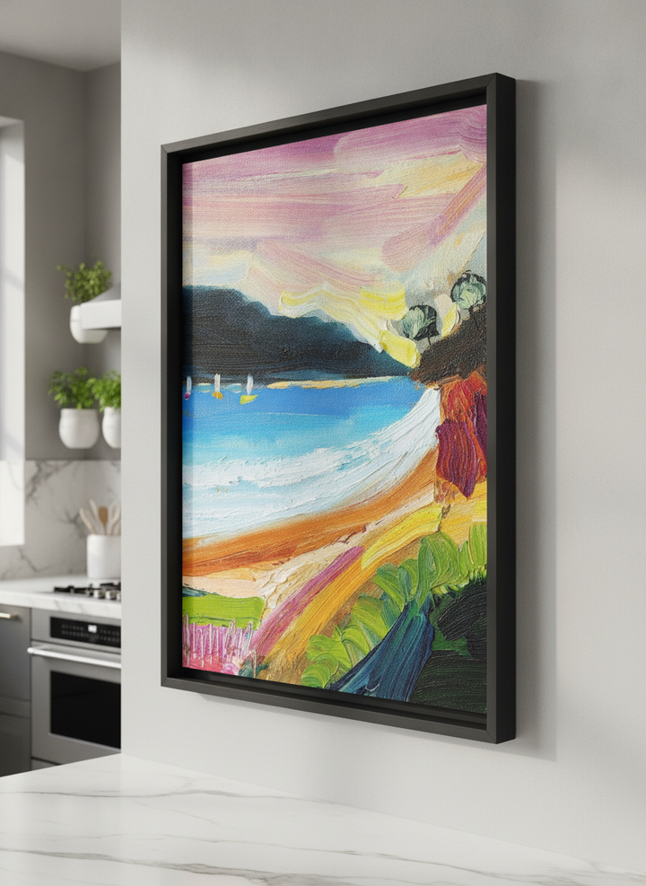 Artwork styled on the wall of a bright modern kitchen