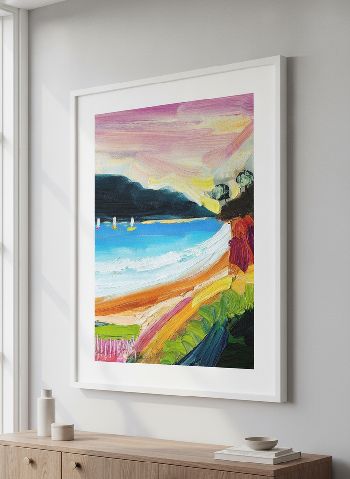 Wall art styled above a dining table in a contemporary home