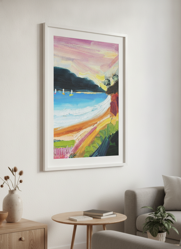 Modern wall art styled above a sofa in a neutral living room