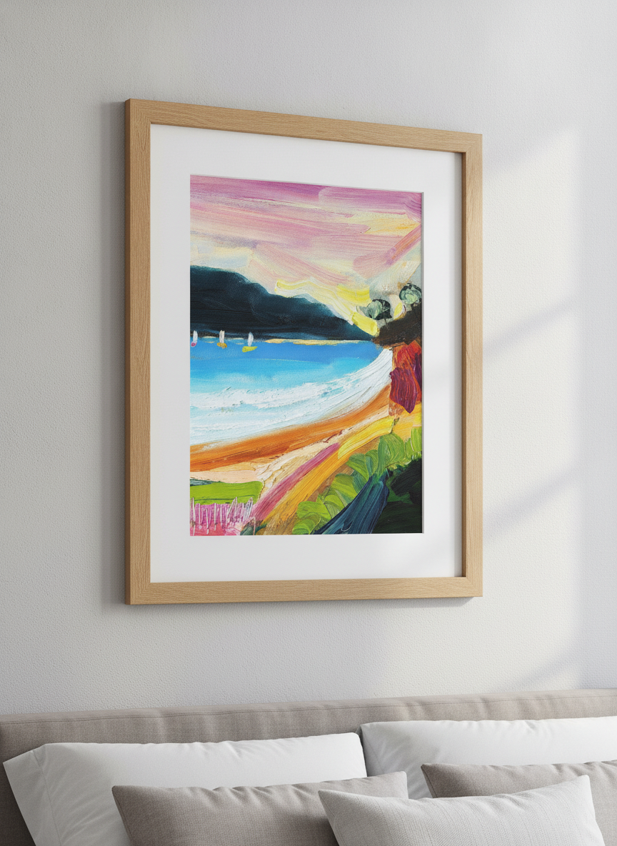 Minimalist artwork displayed in a calm, light-filled bedroom interior