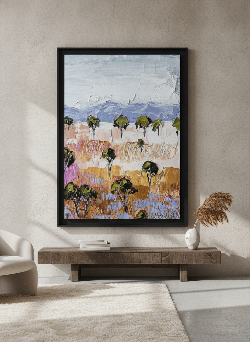 Monumental artwork centred on a feature wall in a luxe interior
