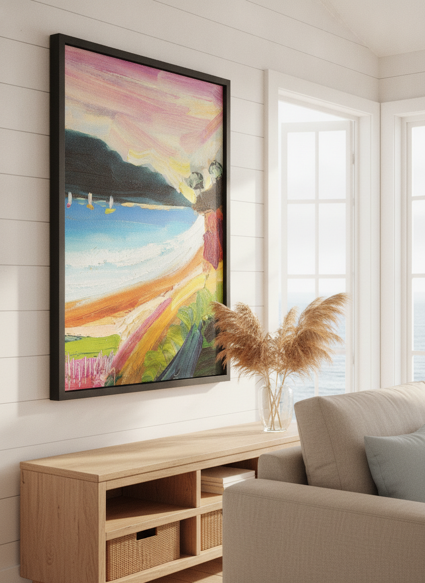 Neutral wall art displayed in a sunny coastal beach house